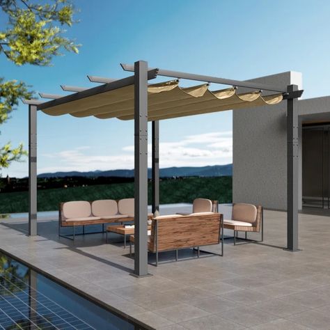 Kozyard Atlantics Outdoor Retractable Pergola with Sun Shade Canopy 10' x 13' & Reviews | Wayfair Barbeque Birthday Party, Pergola With Sun Shade, Pergola With Canopy, Pergola Metal, Aluminum Gazebo, Sun Shade Canopy, Patio Grill, Pergola Aluminium, Metal Grill