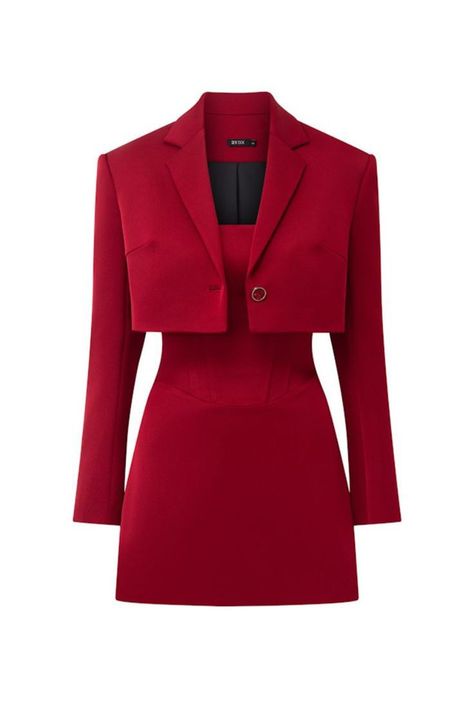 Red Suits For Women Shorts, Blazer Set Dress, Blazer Dresses For Women, Classic Style Women Outfits Classy, Stone Design On Clothes, Red Dress With Blazer, Mini Dress And Blazer Outfit, Outfits For Work Women, Two Piece Blazer Set