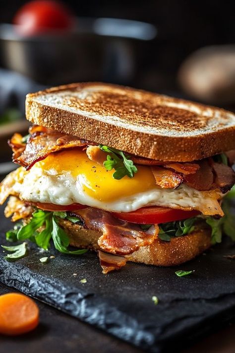 Breakfast With Eggs And Bacon, Perfect Egg Sandwich, Breakfast Egg Sandwich Recipes, Fine Dining Brunch Ideas, Bacon Sandwich Breakfast, Cafe Recipes Food, Bacon Breakfast Ideas, Meals With Eggs, Egg And Bacon Sandwich