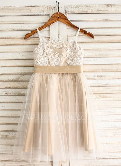 A-Line/Princess Straps Knee-length Sash Bow(s) Tulle Lace Sleeveless Flower Girl Dress Flower Girl Dress Bridesmaid Dresses Neckline, Sleeveless Flower Girl Dresses, Knee Length Bridesmaid Dresses, Tulle Bridesmaid Dress, Dress Sash, Flower Girl Dresses Tulle, Junior Bridesmaid Dresses, Junior Bridesmaid