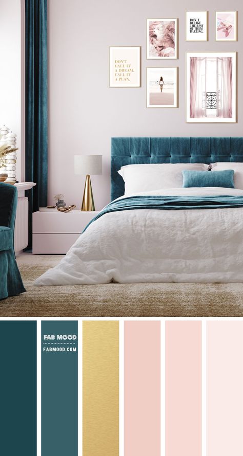 Bedroom Archives - Fabmood | Wedding Colors, Wedding Themes, Wedding color palettes Teal Colour Scheme, Pink And Teal Bedroom, Teal And Pink Bedroom, Bedroom Teal, Blush Pink Bedroom, Vibe Bedroom, Teal Color Palette, Beautiful Bedroom Colors, Teal Color Schemes