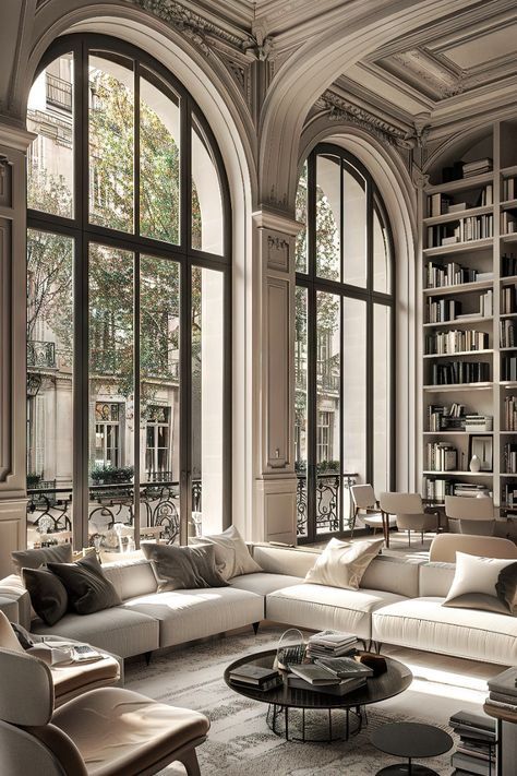 Store Sitting Area, Cozy Parisian Apartment, Luxury Library, Sleek Apartment, Parisian Style Living Room, Luxury Home Library, Old Money Interior Design, Elegant Library, Old Money Interior