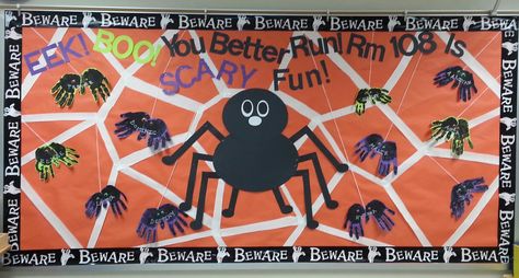 My Halloween bulletin board. The big spider I made out of posterboard and the little spiders are made from my students' handprints :) Spider Bulletin Board Ideas, Spider Bulletin Board, October Bulletin Boards, Door Bulletin Boards, Halloween Bulletin Boards, Halloween Kindergarten, Fall Bulletin Boards, Preschool Bulletin, October Crafts