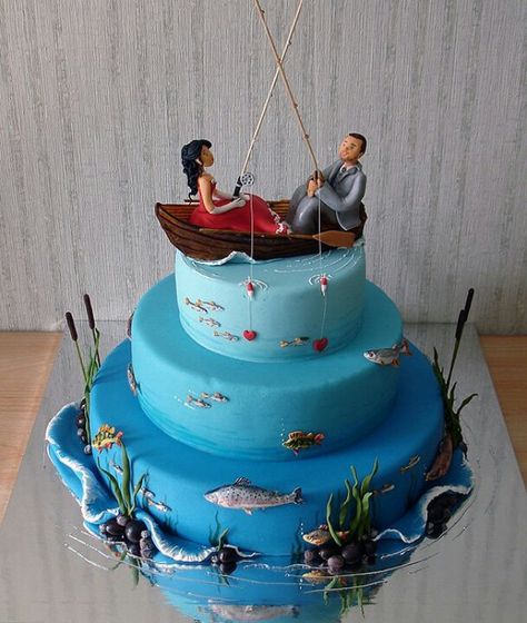 Artcake.ru Fishing Wedding Cakes, Fisherman Cake, Fishing Themed Wedding, Fishing Cake, Boat Cake, Fishing Wedding, Fantasy Cake, Themed Wedding Cakes, Cake Craft