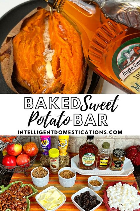 A large list of favorite baked sweet potato toppings. Plus a sweet potato topping bar you can set up on your kitchen counter for a baked sweet potato buffet. Baked Sweet Potato Toppings, Potato Buffet, Sweet Potato Bar, Baked Potato Bar Toppings, Potato Bar Toppings, Baked Sweet Potato Oven, Family Picnic Food, Baked Potato Dinner, Best Baked Sweet Potato