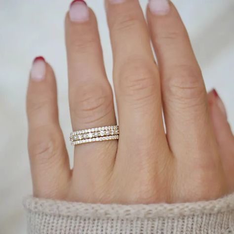 Purchasing your engagement and wedding rings together as a set ensures a perfect match—just like your partnership. Wide Engagement Ring, Delicate Stacking Rings, Mens Diamond Band, Wedding Ring Styles, Wedding Day Jewelry, Eternity Rings, Diamond Stacking Rings, Stacking Ring Set, Eternity Ring Diamond