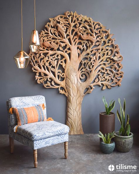 The Tree of Life wall installation is an epic art feature! Hand carved from wood, this decoration not only symbolizes life but also showcases the deftness of the craftsmen, who’ve meticulously carved the texture of each leaf, branch and the beautiful birds perched on it. To explore such artistic features, contact us today! Tree Of Life Interior Design, Wooden Tree Wall Art, Unique Wall Art Ideas Living Room, Wood Carving Wall Decor, Tree Of Life Wood Carving, Wooden Carving Design Wall Art, Wooden Carving Design, Tree Of Life Mural, Tree Of Life Wall Decor