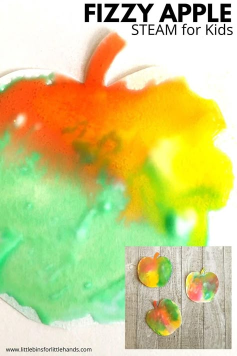 Fizzy Apple Art For Fall | Little Bins for Little Hands Pre K Apple Art, Life Cycle Of A Apple Preschool, Food Theme Art Preschool, Fizzy Apple Art, Apple Art Prek, Preschool Apple Crafts Art Projects, Rosh Hashana Activities For Kids, Apple Process Art Preschool, Apple Art Kindergarten