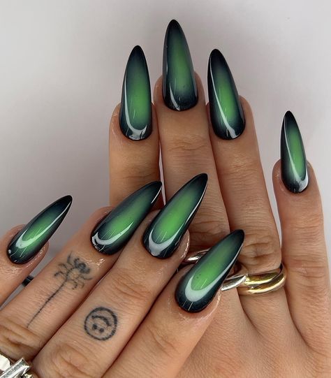 SALOMÉ 😈 NAIL ARTIST | Space aura for @julieferrat 👽💚 #nails #nailart #gelx #apresnails #nailartist #thegelbottle #auranails | Instagram Green Glass Nails, Green Aura Nails, Wicked Nails, Artist Space, Wicked Costumes, Nagel Design, Gothic Nails, Vintage Nails, Goth Nails