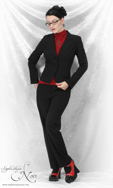 Red Goth Outfits, Business Goth, Corp Goth, Office Goth, Gothic Inspiration, Corporate Goth, Geeky Clothes, Thrift Inspo, Goth Glam