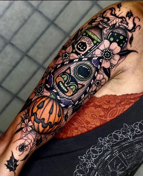 Tattoo Sleeve Themes, Skin Artwork, Planchette Tattoo, Fall Tattoos, Halloween Sleeve, Blast Over Tattoo, Cute Halloween Tattoos, Halloween Tattoos Sleeve, Pumpkin Tattoo