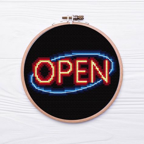 Neon Open Sign Cross Stitch Pattern, Embroidery Pattern - Etsy Norway Neon Cross, Neon Embroidery, Neon Open Sign, Open Sign, Open Signs, Animal Cross Stitch Patterns, Dmc Embroidery Floss, Pattern Embroidery, Balloon Animals