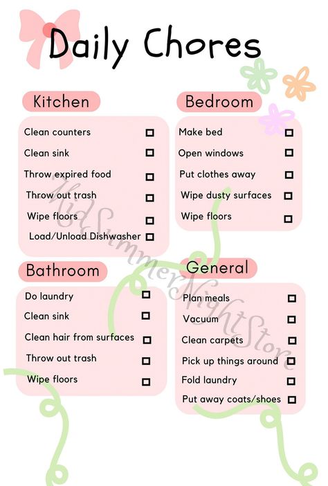 A concise list of daily chores to keep your house clean and in order. TO have a peace of mind and live in a nice and balanced environment. A clean space means a clean mind. #Cleaning #to #The #Schedule #Guide #CreativeIdeas #Tidy #Motivation #a #for #Home #Inspiration #Creating #Ultimate #a Chores To Do Around The House, Clean House List, Chores List For Adults, How To Keep House Clean, House Reset Checklist, Clean Room List, Daily Chores To Keep House Clean, Cleaning House List, Daily Chores List