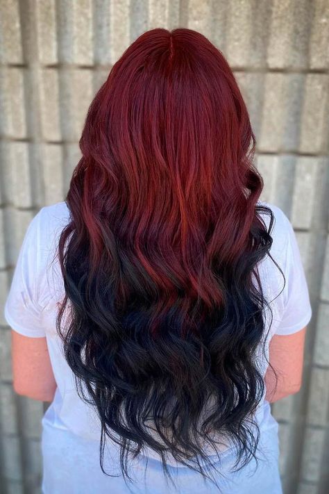 Update Your Stylish Look with Incredibly Trendy Reverse Ombre ★ Burgundy To Black Ombre Hair, Red And Black Bayalage, Red On Top Black On Bottom Hair, Red Hair With Black Ends, Red To Black Hair, Black And Red Ombre Hair, Black Hair Red Tips, Red Hair Fade, Ombre Hair At Home