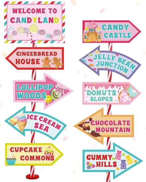 PRICES MAY VARY. CandyLand Party Signs - The package includes 20pcs sweet-themed directional signs, featuring WELCOME TO CANDYLAND, LOLLIPOP WOODS, DONUTS SLOPES, CHOCOLATE MOUNTAIN, JELLY BEAN JUNCTION, ICE CREAM SEA, GINGERBREAD HOUSE, CUMMY HILLS, CUPCAKE COMMONS, and CANDY CASTLE. A few stickers are also provided. These colorful party decorations will surely be a hit at your candy land party! (The pole is not included.) Big Size - The welcome sign measures about 11.8*8.1 inches, while others Candyland Banner, Candyland Party Decorations, Candy Land Party, Thanksgiving Favors, Candy Birthday Party, Banner Printable, Candyland Birthday, Brochure Paper, Candyland Party