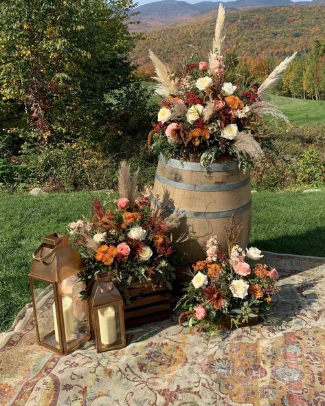 Wedding Arch Centerpiece, Barrel Centerpiece Wedding, Fall Boho Outdoor Wedding, Boho Wedding Cross Decor, Fall Outside Wedding Ideas Backyards, Vow Renewal Sign Ideas, Milk Jug Wedding Decor, November Mountain Wedding, Boho Mountain Wedding Decor