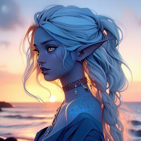 AloeKado on Instagram: "Female Sea Elf at a beach at sunset🧝‍♀️🌅💧  ☕You can support me on Ko-fi link on my page☕  Note that this image is created with the help of AI❗  You are welcome to use this in your campaign if you tell me the characters name. 🎲 #aloekado 🎲 #midjourney #midjourneyart #generativeart #aiart #aiartcommunity #art #artwork 🎲 #dndcharacter #dndportrait #fantasy #dnd #elf #seaelf #aqua #water #beautiful #blue #waterelf #aquaelf #fantasynymph #bluehair #sunset #sea #blueskin #beach" Ocean Themed Dnd Character, Elf Sailor Dnd, Blue Dragons, Sea Elves, Sea Elf Dnd, Blue Elf, Water Elf, Dnd Fairy, Sea Elf