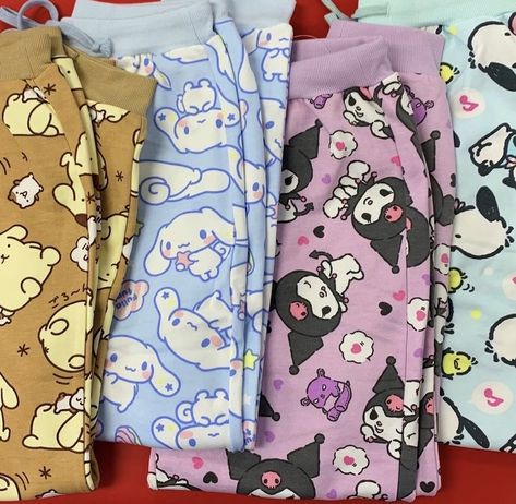 Sanrio Pyjama Set, Matching Sanrio Pajamas, Kuromi Pajamas Aesthetic, Cinnamoroll Pajama Pants, Sanrio Pjs Aesthetic, Sanrio Aesthetic Stuff, Kuromi Pajama Pants, Matching Sanrio Onesies, Sanrio Pajamas Aesthetic