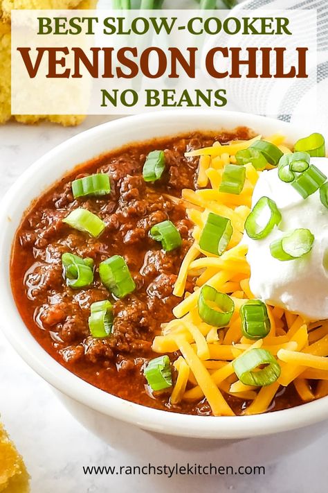 This award-winning Venison Chili (Deer Chili) recipe is made with ground venison meat and has the best spicy, Southern flavor! Simple and easy to make in the Crockpot or any slow cooker! No beans required! #deer #venison #wildgamerecipes #hunting #chili #chilirecipe #slowcooker #slowcookerrecipes #crockpot #crockpotrecipe #recipe Ground Venison Chili Recipes, Deer Meat Chili Recipe Crockpot, Crockpot Deer Chili, Deer Meat Crockpot Recipes, Venison Chili Crockpot, Venison Chili Recipe Crockpot, Deer Chili Recipe Crockpot, Deer Crockpot Recipes, Deer Meat Chili Recipe