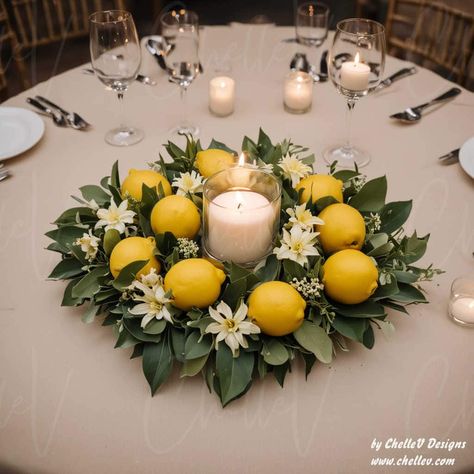 30 DIY Lemon Centerpieces - Easy Affordable Refreshing Ideas for Weddings - by ChelleV Greek Themed Centerpieces, Positano Theme Party, Lemon Centerpiece Ideas, Capri Decor, Lemon Party Theme, Lemon Tablescape, Lemon Table Decor, Italian Centerpieces, Minimalist Centerpiece