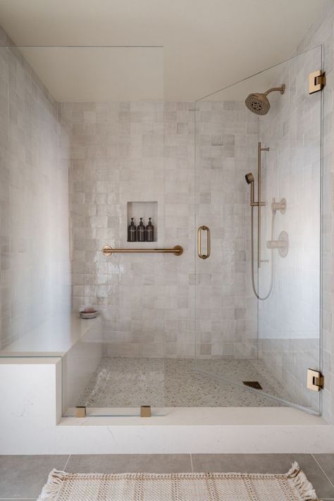 Jan 24, 2024 - Interior Design Studio - 59 Followers, 74 Following, 11 Posts - See Instagram photos and videos from Nancy Taylor Deisinger (@nancytaylorstudio) Bathroom With Zellige Tiles, Primary Bath Tile Ideas, Zellige Bathroom Tiles, Tile For Showers Ideas, Zellige Tile Bathroom Wall, Primary Bath Shower Ideas, White Zellige Bathroom, Bathroom Tub In Shower Ideas, Guest Bath Tile Ideas