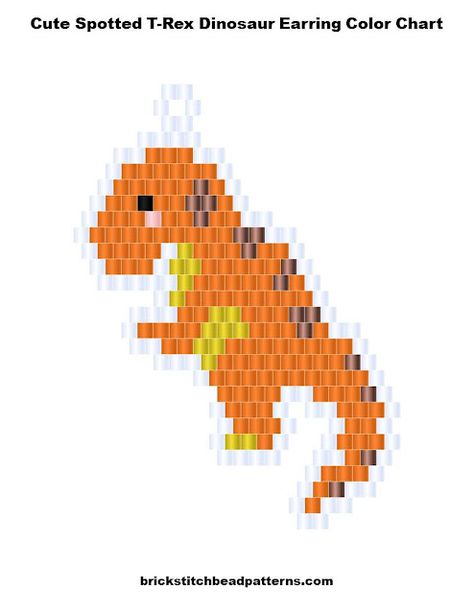 Free Cute Spotted T-Rex Dinosaur animal earring brick stitch seed bead weaving art graph pattern. Download the free bead pattern color chart graph, labeled color chart graph, a letter chart graph that is similar to a word chart, and a bead count list. These earrings were designed for using generic seed beads by Brick Stitch Bead Patterns Journal. Brick Stitch Pattern Earring, Cute T Rex, Miyuki Beads Pattern, Pony Bead Crafts, Seed Bead Pattern, Beading Patterns Free, T Rex Dinosaur, Brick Stitch Pattern, Dinosaur Pattern