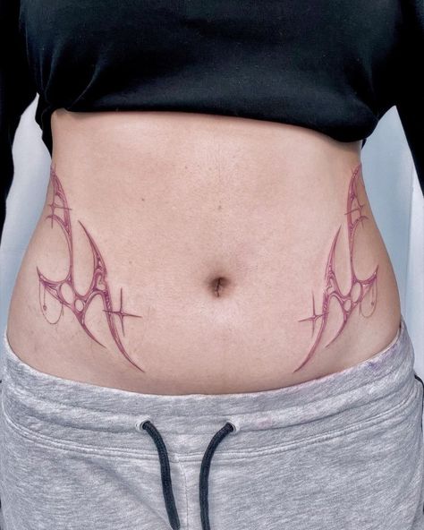 Interesting modern tattoo style trend Sigil Hip Tattoo, Spine Tattoos For Women Y2k, Full Stomach Tattoos For Women, Cybersigilism Tattoo Women, Cybersigilism Stomach Tattoo, Cybersigilism Tattoo Spine, Spine Tattoos For Women Cybersigilism, Y2k Tattoo Ideas Arm, Cyberpunk Spine Tattoo