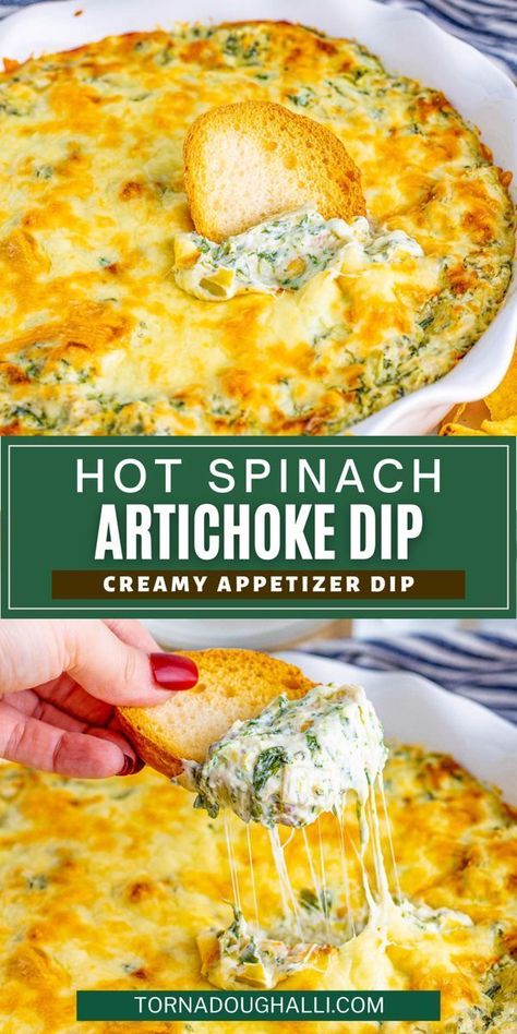 This bubbly, cheesy, tasty, and gooey hot spinach artichoke dip from Tornadough Alli is always a crowd-pleaser! Ready in just over 20 minutes, it’s the perfect appetizer to make on the fly. Planning a party, or just want a nice hearty, rich, and super duper creamy dip? This dip checks all those boxes! Hot Spinach Dip Recipe, Hot Spinach Artichoke Dip, Hot Artichoke Dip, Hot Spinach Dip, Creamy Spinach Dip, Spinach Dip Recipe, Creamy Dip, Spinach Artichoke Dip, Creamy Spinach