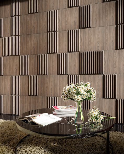 Mineral Panel in Modern Living-room на Behance Wood Wall Paneling Modern, Midcentury Modern Dining Room, Geometric Accent Wall, Wood Panel Texture, Wall Panel Texture, Geometric Wall Stencil, Modern Geometric Quilt, Veneer Texture, Retro Style Kitchen