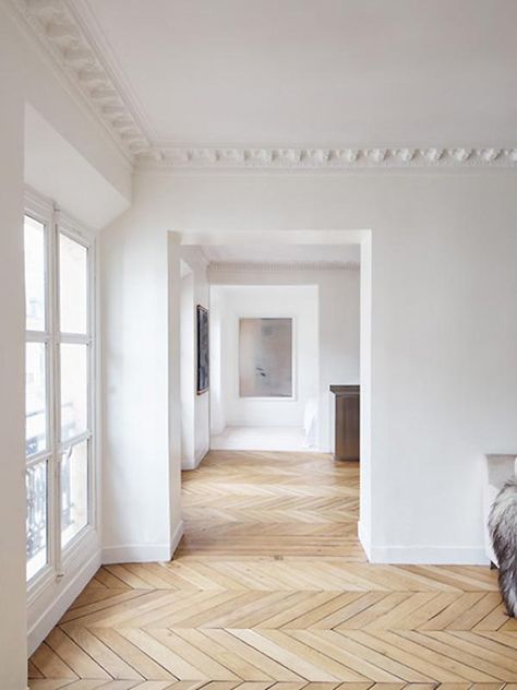 Gorgeous all-white interior with blonde wood herringbone floors and crown mouldings, all ready to be decorated with the interior decor picks of your design dreams! How would you design this space? Interior Design Minimalist, Empty Room, White Room, Wood Flooring, Minimalist Decor, Large Windows, Minimalist Home, 인테리어 디자인, My Dream Home