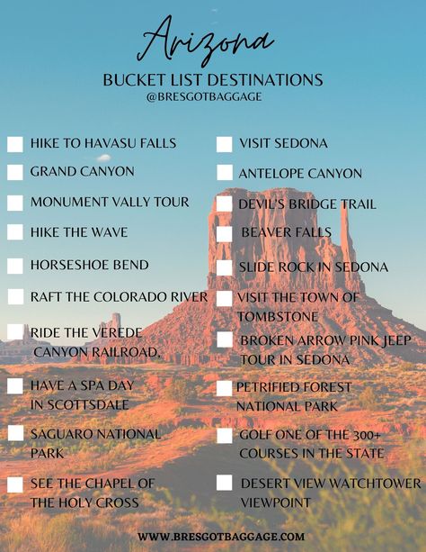 Arizona Bucket List Things To Do, Bucket List Arizona, Arizona Packing List Summer, Grand Canyon Bucket List, Sedona Bucket List, State Bucket List, Hiking Bucket List, Arizona Day Trips, Arizona Bucket List