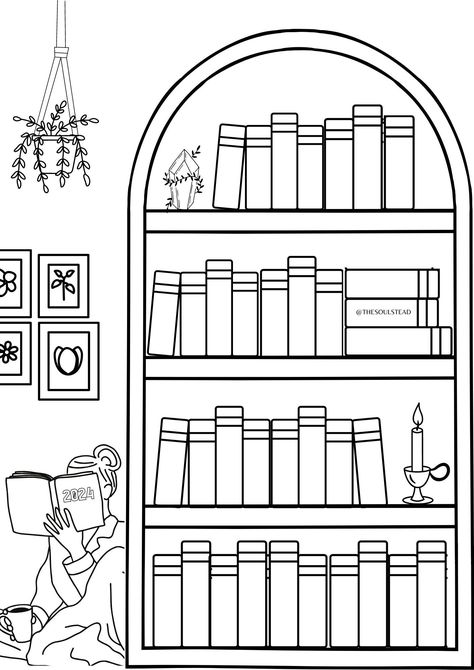 Track Your 2024 Books | Colouring Page Colour in Each Book and Write the Name as you go.  Can also be printed on card stock for water colouring.  Digital Download - Reuse anytime or fill as many sheets as you want. Follow Us on Instagram @thesoulstead Color Your Own Bookmark, Bookshelf Coloring Page, Bookish Coloring Pages, Book Journal Cover Page, Library Coloring Pages, Bookmark Coloring Pages, Books Doodle, Book Journal Ideas, Colouring In Pages