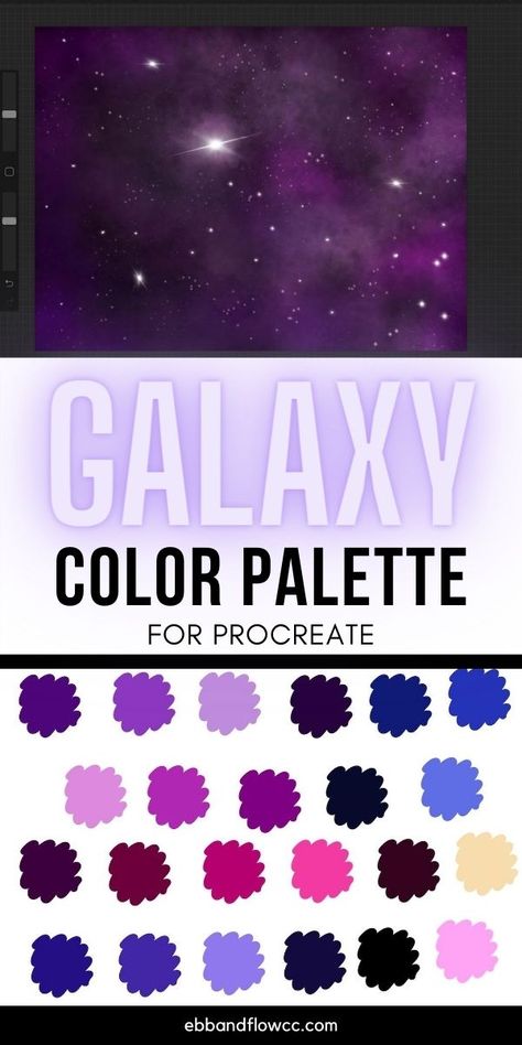 Create the perfect galaxy art on Procreate with this free color palette download. Get started illustrating today with this easy to use color swatch file. Galaxy Paint Colors, Procreate Pallets Free, Galaxy Pallete Color, Color Pallets Procreate, Free Procreate Color Palettes, Galaxy Color Palette, Galaxy Lettering, Easy Procreate Art, Painting Pallets