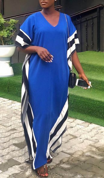 V-Neck Half Sleeve Patchwork Pullover Women's Maxi Dress Blue Kaftan Dress, Robes Bridesmaids, Blue Kaftan, Bridesmaids Robes, Printed Prom Dresses, African Prom Dresses, Plain Blue, Kaftan Maxi Dress, Maxi Robes