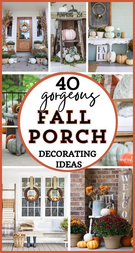 Looking for fall front porch decor ideas? If you love rustic fall home  - or farmhouse, traditional or modern, you'll find simple fall porch decor that you can try, with 10 pro decorating tips to help! These ideas can also work well if you're need patio ideas for fall decorating, too!  Check out 40 gorgeous fall front porches! Chic and classy fall outdoor entryway ideas you'll love! Autumn Welcome Sign Front Door, Porch Fall Decorating Ideas, Rustic Fall Porch, Fall Porch Decor Ideas, Themed Wreaths, Porch Fall Decor, Fall Front Door Decor, Fall Front Porch Decor Ideas, Fall Front Porch Ideas