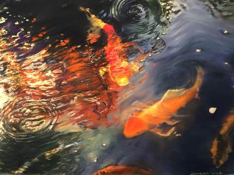 J. Lombardi Koi in the Garden Pond. 2016 Pastel on paper 22 x 30" Koi In Pond, Koi Fish Twitter Header, Koi Fish Header, Orange Ocean, Koi Fish Wallpaper, Weird Fish, Cinematic Photography, Memento Mori, Koi Fish