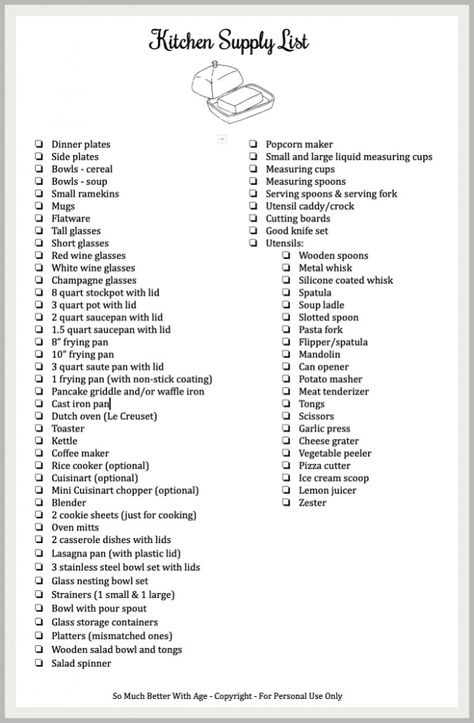 Complete Kitchen Supply List - Simple and Pretty Items for Everyday & Entertaining | So Much Better With Age Appliances List For New Home, New House Checklist Supplies, Household Essentials Checklist, Home Items Checklist, House Essentials List First Home Kitchen, New Home Appliance Checklist, New House Items Checklist, First Home Essentials List, Kitchen Starter List