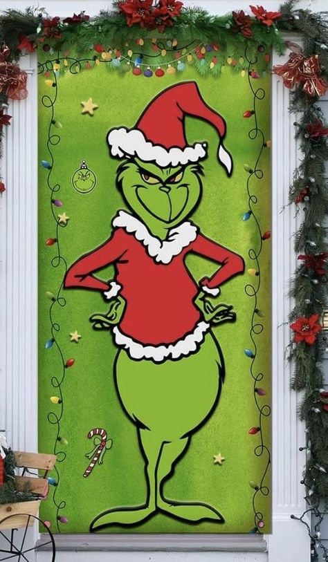 Welcome Home to the Holidays: Festive Front Door Decor Ideas Immagini Grinch, Purple Christmas Tree Decorations, Grinch Door, Door Decorations Classroom Christmas, Grinch Crafts, Grinch Decorations, Christmas Door Decorating Contest, Christmas Classroom Door, Grinch Christmas Party