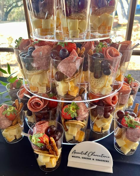 Billy Garrett | Custom charcuterie cups for a beautiful Bridal Shower this weekend! 🤍🕊️ Let us help you cater your next event, meeting, or get together. 🧀… | Instagram Bridal Shower Ideas Charcuterie, Cocktail Hour Charcuterie Cups, Jimmy Johns Catering, Charcuterie Wedding Cups, Retirement Charcuterie Board Ideas, Bridal Shower Fruit Cups, Costco Bridal Shower Food, Appetizer Kabobs Cold, Baby Shower Charcuterie Cups