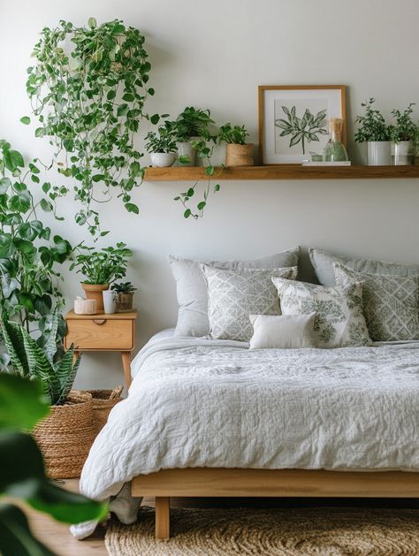 Transform your home bedroom into a peaceful oasis with vibrant greenery! 🛏️💚 Add a touch of nature and elegance with these stylish plant arrangements. Perfect for a serene and cozy ambiance. Explore now and refresh your space today! #HomeBedroomRefresh #InteriorDesign #PlantDecor Low Bed Decor Bedroom Ideas, Sage And Rattan Bedroom, Plant Wall Bedroom, Green Plant Bedroom, Greenery Bedroom, Bedroom With Plants, Plant Bedroom, Rattan Bedroom, Plant Arrangements