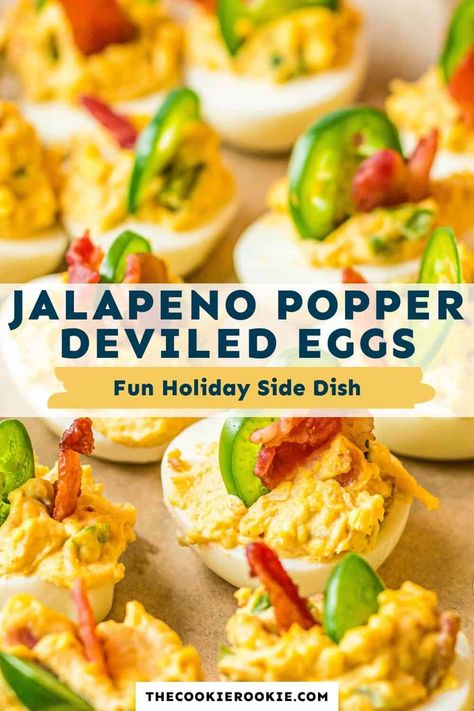 These spicy deviled eggs make the best appetizer or side dish for parties and holidays. What could be better than deviled eggs with bacon, jalapeno, and cheese? Jalepeno Popper Deviled Egg, Jalapeño Popper Deviled Eggs, Fun Deviled Eggs, Deviled Eggs With Cream Cheese, Jalapeno Popper Deviled Eggs, Jalapeño Deviled Eggs, Spicy Deviled Eggs Recipe, Thanksgiving Healthy, Deviled Eggs With Bacon