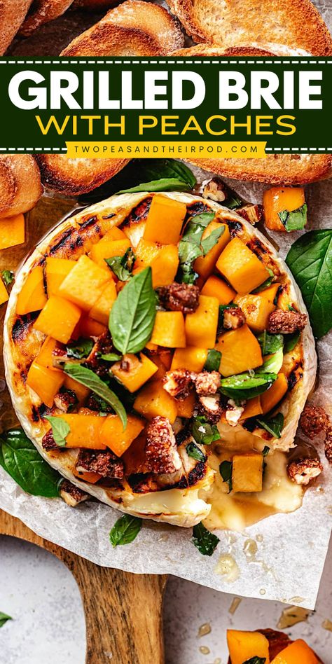 Grilled Brie with Peaches combines creamy, melty cheese with juicy peaches, chopped candied pecans, fresh basil, and a drizzle of sweet honey. It’s the perfect summer appetizer or snack. Marinated Peaches, Brie With Peaches, Grilled Brie With Peaches, Peaches And Goat Cheese Appetizer, Grilled Peach Appetizer, Peach And Brie, Peach Brie, Peach Appetizer, Grilled Brie