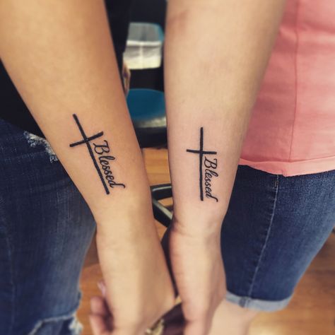 Cross Blessed Tattoo, Cross With Blessed Tattoo, Blessed Tattoo With Cross, Matching Tattoos For Best Friends Christian, Cross Matching Tattoos, Blessed Wrist Tattoo, Truly Blessed Tattoo, Blessed Cross Tattoo, Tattoo Cross For Women