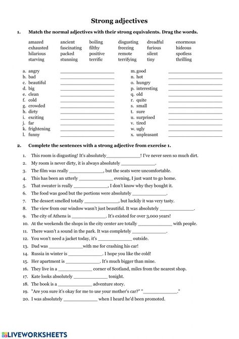 Using Adjectives Worksheet, Identifying Adjectives Worksheet, Types Of Adjectives Worksheet, Worksheets On Adjectives, Strong Adjectives, Adjectives Exercises, Adjectives Grammar, Worksheets For Grade 2, Adjectives Worksheet