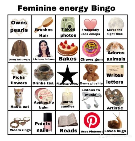 Feminine energy bingo My Type Bingo, Personality Bingo, Mermaid Zombie, Friend Bingo, Camping Bingo, Fun Templates, Bingo Books, Road Trip Bingo, Summer Bingo