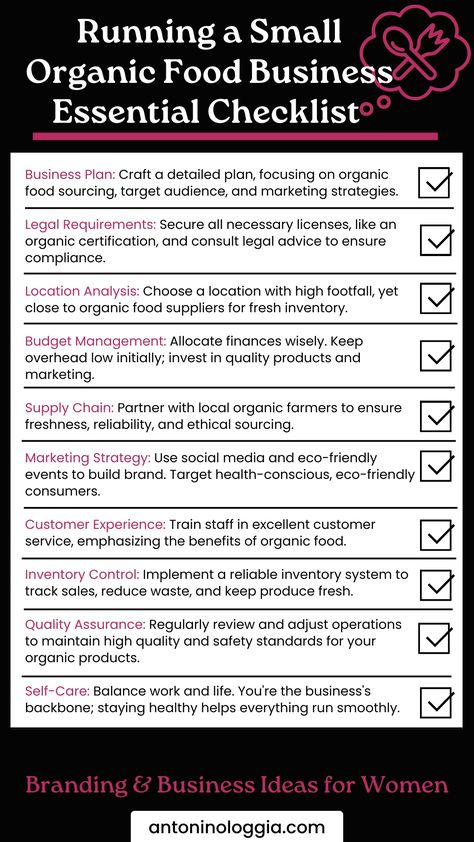 Essential Checklist for Women Running a Small Organic Food Business Location Analysis, Food Business, Women Running, Legal Advice, Organic Food, Market Research, Supply Chain, Business Plan, Target Audience