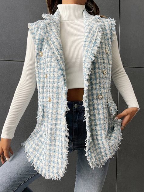 Blue Vest Outfit, Tweed Gilet, Tweed Vest, Women Blazers, Blouse Casual Fashion, Women Suits, Plaid Vest, Blue Vests, Women Overcoat