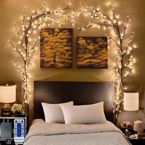 PRICES MAY VARY. 【Enchanted bedroom decor】The lighted vine is carefully designed handicraft, black bark texture wrapped more classic and realistic. Artificial but exquisite. Can enhance the atmosphere and ambiance in any room or setting,lights for bedroom aesthetic 【Lighted willow vine with smart plug and remote】Use the Remote aim at transformer :1. You can turn on/off the light remotely to the vine lights (you aren't unplugging it and plugging it); 2. Practical four light modes (fast flashing, Cozy Fall Room Decor, Fall Room Ideas, Cozy Fall Room, Artificial Tree Branches, Fall Room, Fall Room Decor, Fairy Lights Bedroom, Indoor String Lights, Artificial Tree