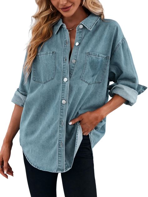 PRICES MAY VARY. Materials: This oversized jean shirts are made of lightweight and comfortable cotton and polyester, a classic denim shirt is a must-have for you. Can also be used as a swimsuit cover-up or sun protection clothing. Features: Long sleeve denim shirts for women, the jean tops is design with button down, lapel collar, functional pockets, relaxed fit style and rolled up design, provide you all day comfort while looking stylish. Occasions: Great season transition denim outerwear, suit Womens Fall Outfits, Conversation Starters For Kids, Denim Shirt Outfit, Slouchy Shirt, Oversized Jean Jacket, Oversized Jeans, Long Sleeve Denim Shirt, Jacket With Pockets, Denim Outerwear