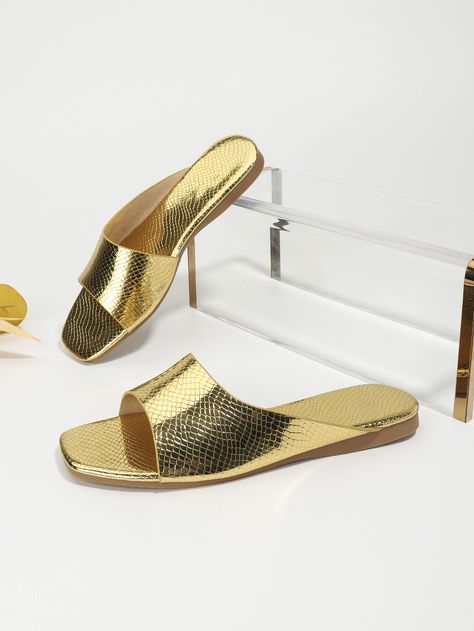 Gold Funky Collar   Snakeskin Print Slides Embellished   Women Shoes Designer Sandals Flat, Gold Slippers, Flat Sandals For Women, Shoe Makeover, Women Slippers Fashion, Women Flat Sandals, Pretty Sandals, Business Casual Shoes, Flat Slippers